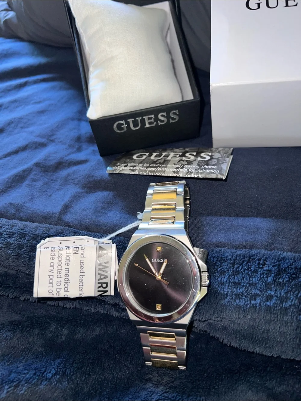 GUESS Men's Two-Tone Silver and Gold Bracelet Watch with Black Dial